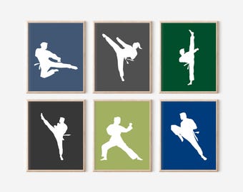 Taekwondo Silhouette Prints Set of 6, Karate Dojo Wall Art, Kids Sport Room Decor