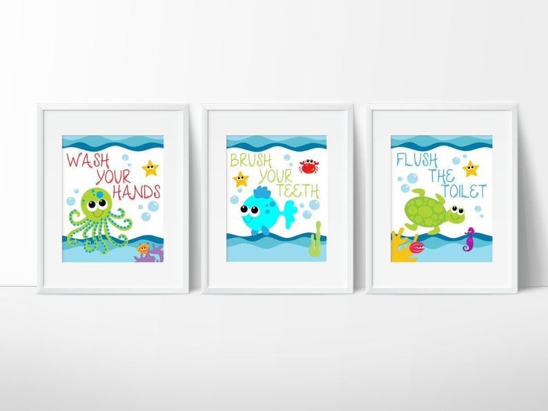 Sea Creature Bathroom Print Set Kids Bathroom Art Under Etsy
