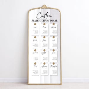 May include: A custom seating chart decal with a gold-framed mirror. The decal features twelve numbered sections, each with guest names. The words "Custom" and "SEATING CHART DECAL" are at the top. The overall design is elegant and suitable for weddings or events.