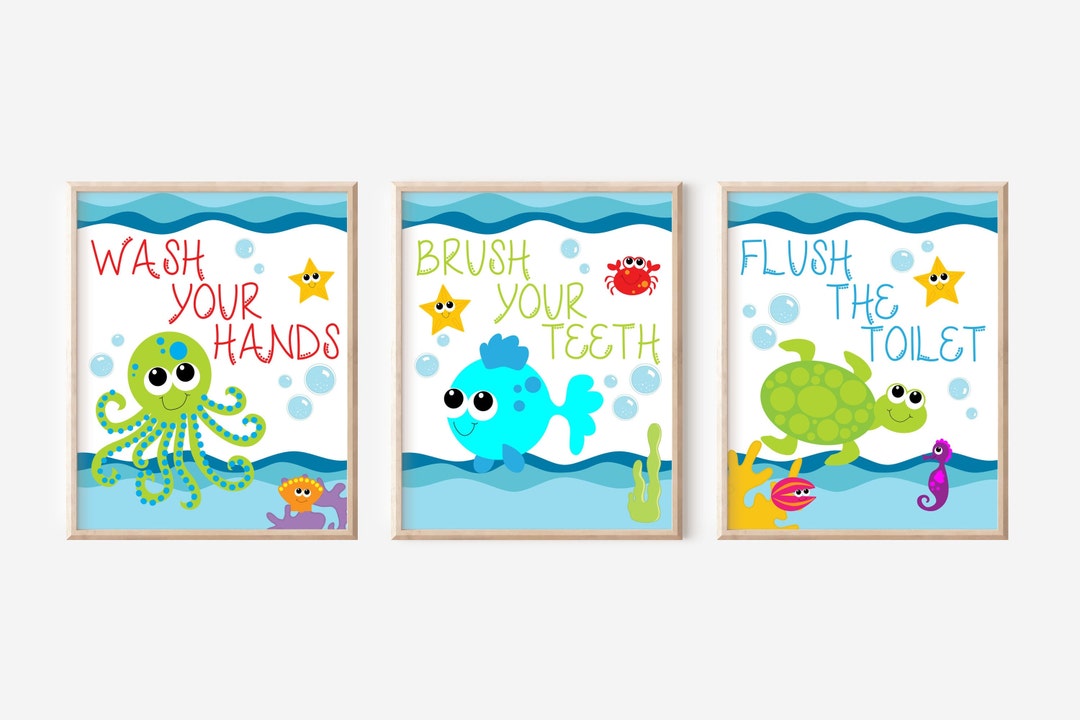 Sea Creature Bathroom Print Set Kids Bathroom Art Under Etsy