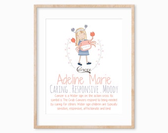 Cancer Zodiac Sign Print, Kids Astrology Print, Girls Zodiac Print, Girls Room Decor