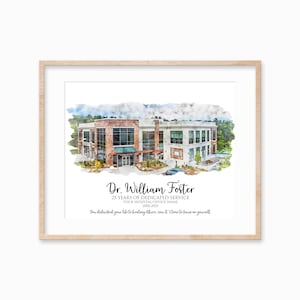 Personalized Doctor Retirement Gift, Custom Watercolor Portrait of Hospital, Gift for Retiring Nurse
