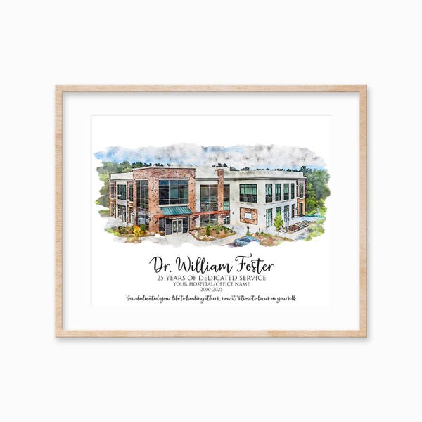 Personalized Doctor Retirement Gift, Custom Watercolor Portrait of Hospital, Gift for Retiring Nurse