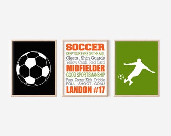 Soccer Wall Art, Boys Soccer Decor, Personalized Soccer Print, Gift for Soccer Player, Set of 3