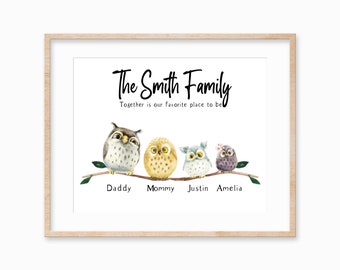 Personalized Owl Family Print, Custom Family Portrait, Owl Family Art, Owl Gift for Woman, Owl Wall Art, Owl Love Gift