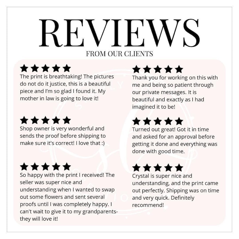 a collection of positive reviews from clients who have used the print from a particular business. The reviews express satisfaction with the print quality, the owner's responsiveness, and the overall experience of receiving the print. The reviews highlight the print's beauty, the owner's helpfulness, and the ease of shipping and receiving the print. The reviews also mention the satisfaction of receiving the print and the positive impact it has on the clients' lives.