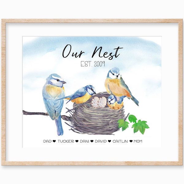 Personalized Blue Tit Bird Family Print, Bird Mothers Day Gift, Gift for Bird Lover, Grandma and Grandkids Gift Bird Art