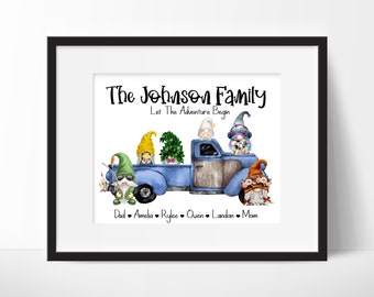 Gnome Family Portrait, Gnome Family Tree Print, Gift for Gnome Lover, Personalized Gnome Family Wall Art, Gnomes in Truck Art