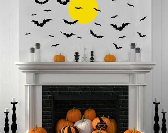 Bats and Moon Halloween Wall Decal - Spooky Party Decor