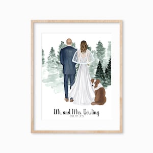 Personalized Bride and Groom Print, Bride and Groom Illustration with Pets, Christmas Wedding Gifts, Winter Wedding Gifts