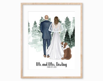 Personalized Bride and Groom Print, Bride and Groom Illustration with Pets, Christmas Wedding Gifts, Winter Wedding Gifts