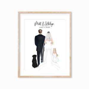 Personalized Bride and Groom Print, Bride and Groom Illustration with Pets, Family Wedding Gift, Wedding Gift for Her