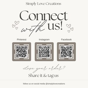 The image is a promotional poster for a company called Simply Love Creations, featuring a central message encouraging people to connect with them through social media platforms such as Instagram, Facebook, and Pinterest. The poster includes three QR codes, each accompanied by a heart symbol, and a call to action to share the company's information and follow them on social media.