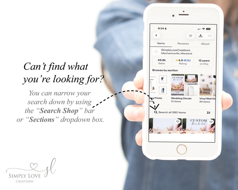 A person holding a smartphone displaying a list of items for sale, including custom-made crafts, wedding decorations, and other products.