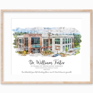 Personalized Doctor Retirement Gift, Custom Watercolor Portrait of Hospital, Gift for Retiring Nurse