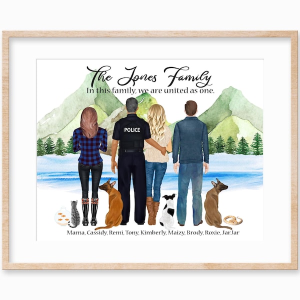 Custom Police Family Portrait Print, Personalized Pet Wall Art