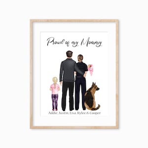 Custom Family Portrait Print with Police Mom, Family Portrait with Pets Wall Art,  Police Woman Gift, Family Portrait Gift, Gift for Wife