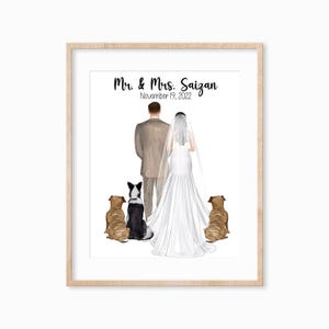 Personalized Wedding Portrait Print, Bride Groom and Pets, Military Gift