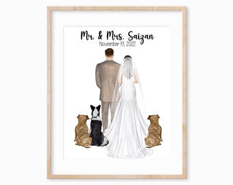 Personalized Wedding Portrait Print, Bride Groom and Pets, Military Gift