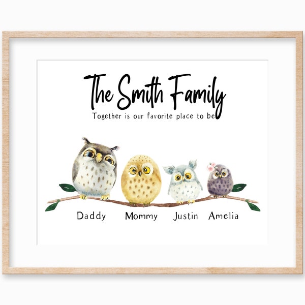 Personalized Owl Family Print, Custom Family Portrait, Owl Family Art, Owl Gift for Woman, Owl Wall Art, Owl Love Gift