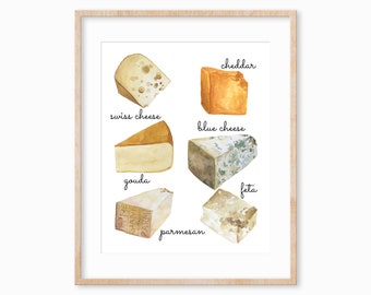 Cheese Varieties - Watercolor Cheese Print - Types Of Cheese Chart - Cheese Illustration - Kitchen Art - Cheese Print - Dining Room Art