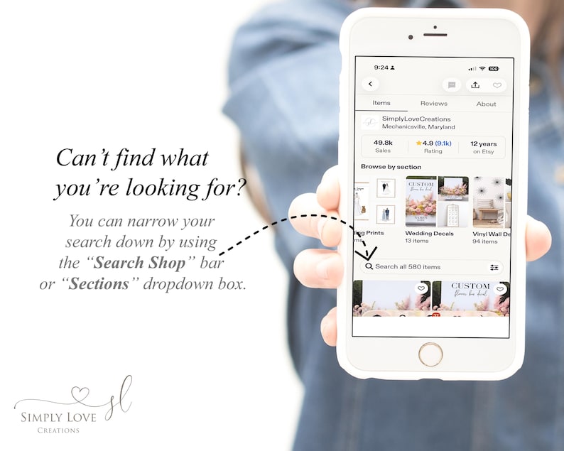 A person holding a smartphone displaying a list of items for sale, including custom-made crafts, wedding decorations, and other products.