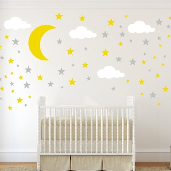 Moon, Stars and Clouds Decals, Cloud Wall Decal, Kids Wall Decoration, Nursery Wall Decal, Wall Decal for Nursery