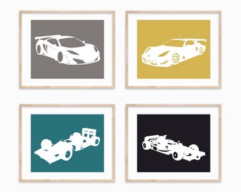 Race Car Silhouette Prints - Personalized Boy Nursery Art