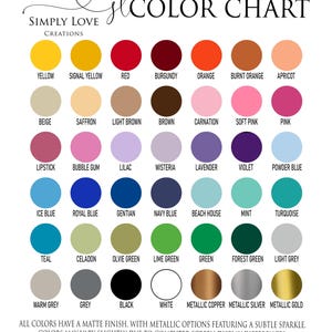 The image is a color chart that displays a variety of color options, including different shades of yellow, red, orange, and more. The chart provides a visual representation of the available colors, with some colors having a matte finish and others having metallic options. The chart also mentions that all colors have a matte finish, but some colors may vary slightly due to differences in computer screen display. The chart is free to use and can be customized with additional color samples.
