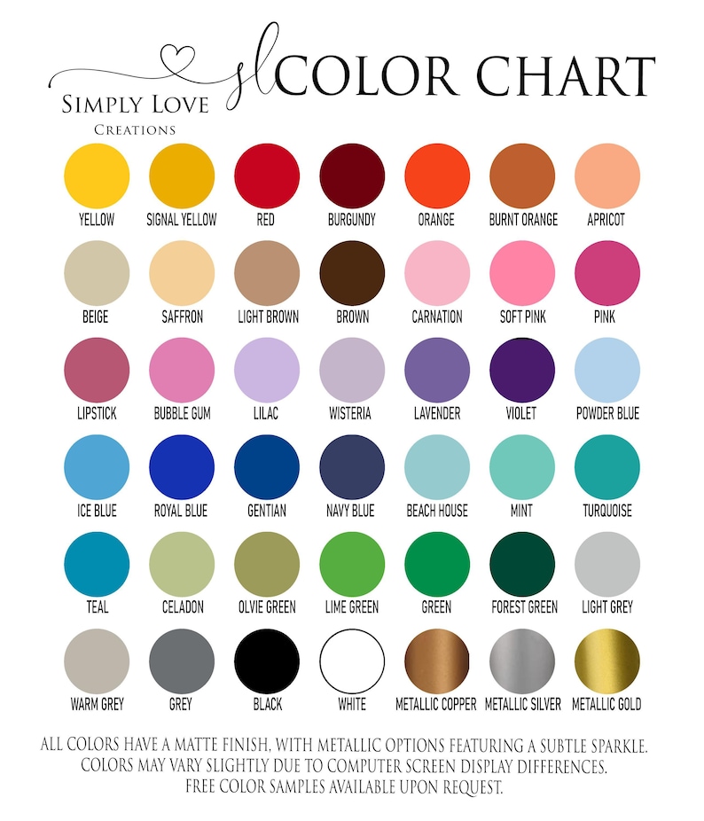 The image is a color chart that displays a variety of color options, including different shades of yellow, red, orange, and more. The chart provides a visual representation of the available colors, with some colors having a matte finish and others having metallic options. The chart also mentions that all colors have a matte finish, but some colors may vary slightly due to differences in computer screen display. The chart is free to use and can be customized with additional color samples.