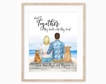 Couples Portrait Illustration Print, Family Portrait with Pet, Christmas Gift for Boyfriend, Christmas Gift for Wife