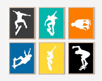 Skateboard Silhouette Prints: Teen Room Wall Art, Set of 6