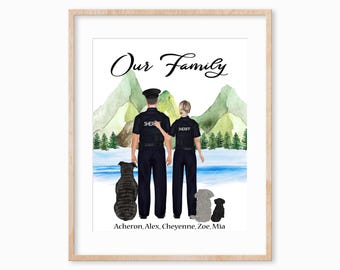 Personalized Police Family Portrait with Pets, Custom Wall Art