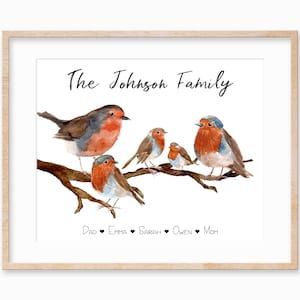 Personalized Robin Family Print, Bird Mothers Day Gift, Gift for Bird Lover, Grandma and Grandkids Gift, Birds on branch Wall Decor