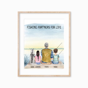 Personalized Fishing Portrait, Father Fishing Gift, Grandkids Fishing Gift, Dad Fishing with Grandkids, Custom family Portrait for Dad