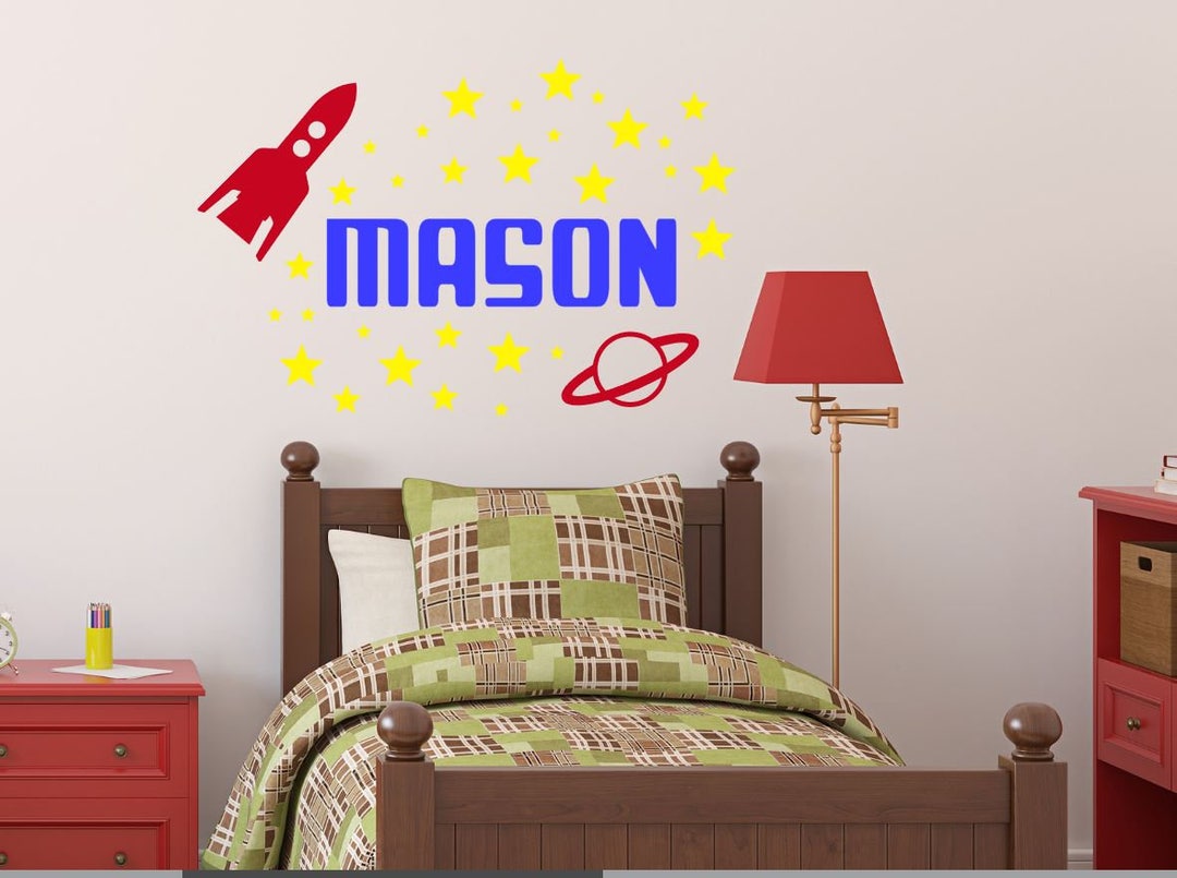 Space Wall Decal With Name Rocket Ship Decal Boy Bedroom Etsy