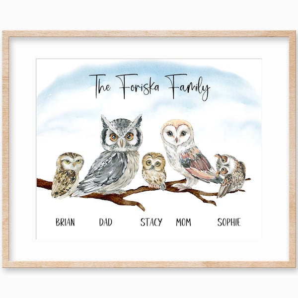 Personalized Owl Family Print, Custom Family Portrait, Owl Family Art, Owl Gift for Mom, Owl Wall Art, Owl Love Gift, Personalize Gift Mom