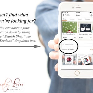 May include: A screenshot of a mobile phone displaying an online shop with a search bar and a dropdown menu labeled "Sections". The shop is selling personalized gifts, including a snowflake decal, a best friend gift, and a couple's portrait.