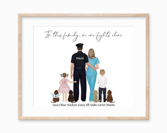 Police and Nurse Couples Family Portrait, Family Portrait with Pets Wall Art,  Police Officer Gift, Family Portrait Gift, Gift for Wife