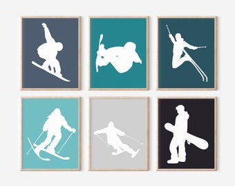 Ski Art Prints, Snowboarding Prints, Cabin Decor, Gift for Skier, Set of 6