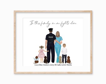 Police and Nurse Couples Family Portrait, Family Portrait with Pets Wall Art,  Police Officer Gift, Family Portrait Gift, Gift for Wife