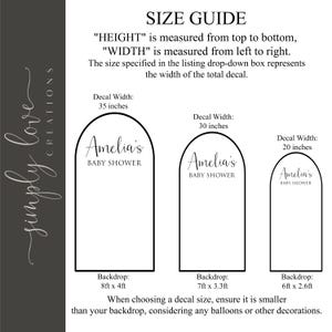 The image is a size guide for a baby shower, providing the recommended decals for three different sizes: 35 inches, 30 inches, and 28 inches.