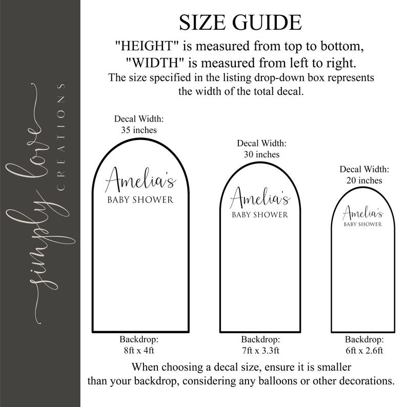 The image is a size guide for a baby shower, providing the recommended decals for three different sizes: 35 inches, 30 inches, and 28 inches.