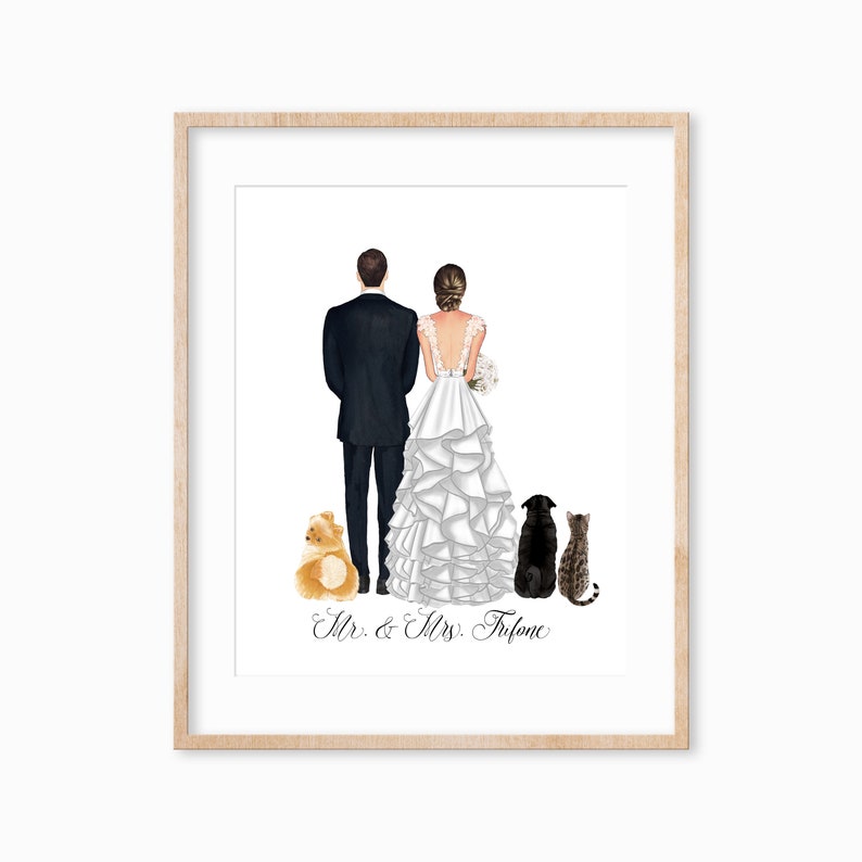 Personalized Bride and Groom Print, Bride and Groom Illustration with Pets, Military Wedding Gift Idea, Wedding Gift for Him 