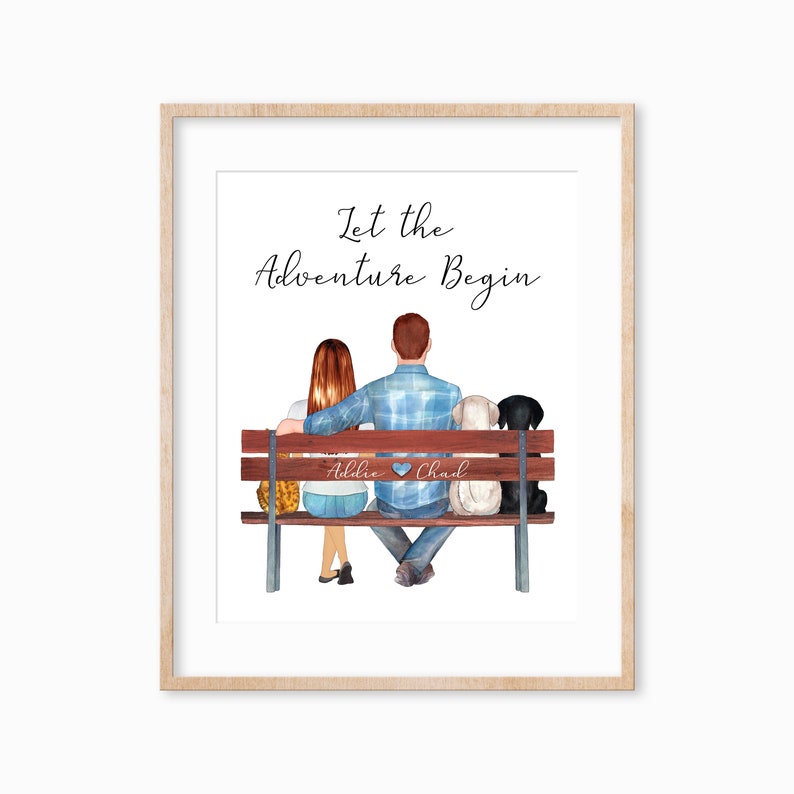 Custom Couples Portrait Print, Family Portrait with Pet, Gift for Girl Friend, Gift for Boy Friend, Couple with Pet Art image 1