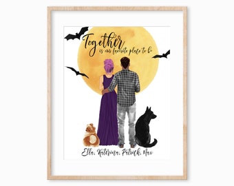 Couples Halloween Print, Family Portrait with Pet, Halloween Gift for Boyfriend, Halloween Gift for Wife, Personalized Halloween Decor