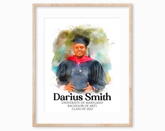 Watercolor Graduation Portrait for him, Custom Gift For Graduate, Customized Gift for Son, Gift for Graduate