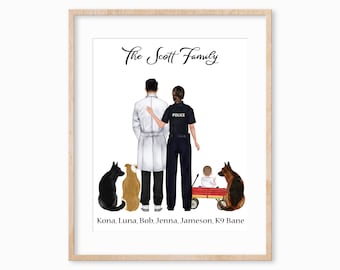 Police and Nurse Couples Family Portrait, Family Portrait with Pets Art, Police Officer and Doctor Gift, Family Portrait Gift, Gift for Wife