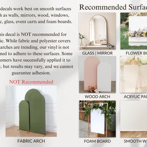 The image is a collage of six different surfaces, including fabric, mirrors, wood, glass, acrylic, event carts, and foam boards, along with recommendations for their use.