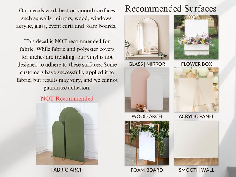 The image is a collage of six different surfaces, including fabric, mirrors, wood, glass, acrylic, event carts, and foam boards, along with recommendations for their use.